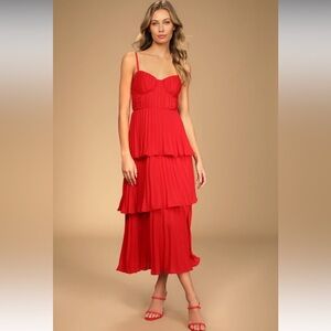 Lulus Cascading Crush Red Tiered Bustier Midi Dress